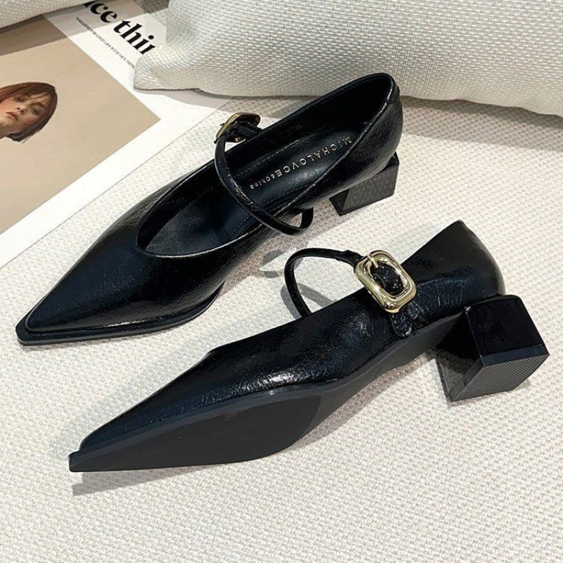 Womens Spring Style Pointed Toe Square Heel Single Shoes Professional Medium Heel Buckle Dress High