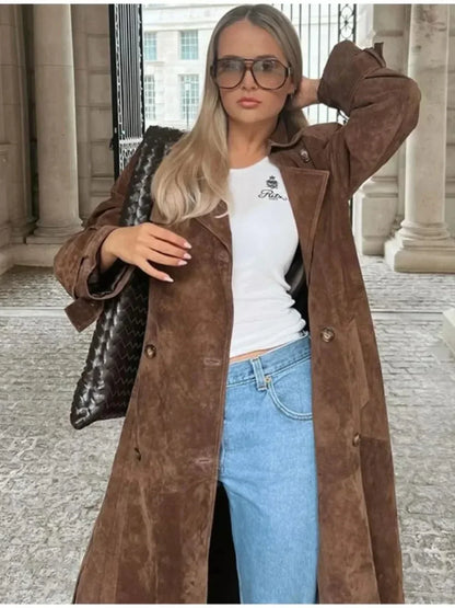 Womens Brown Imitation Deer Fur Coat, Chic Lapel, Double Breasted Long Sleeve Windbreaker, High Street Autumn Outwear