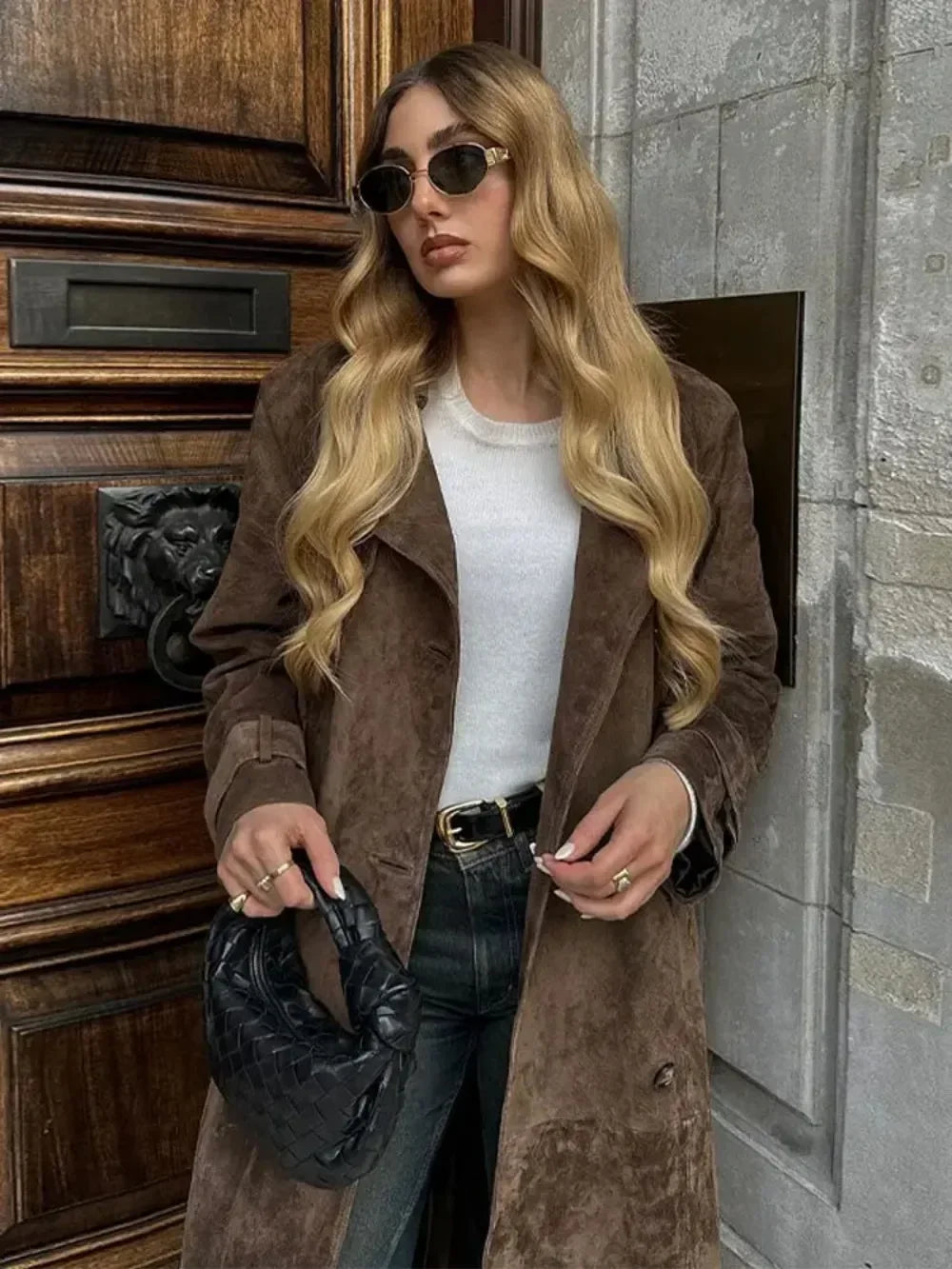 Womens Brown Imitation Deer Fur Coat Chic Lapel Double Breasted Long Sleeve Windbreaker High Street 1