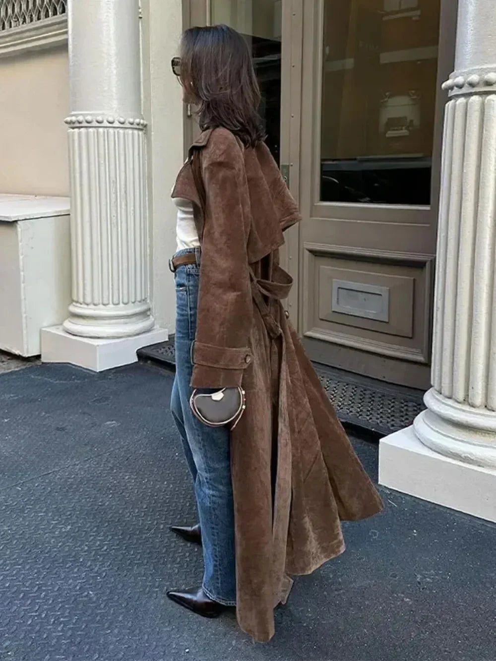 Womens Brown Imitation Deer Fur Coat Chic Lapel Double Breasted Long Sleeve Windbreaker High Street 3
