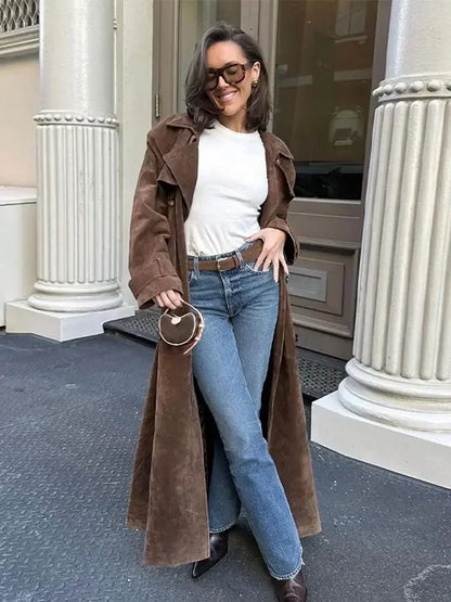 Womens Brown Imitation Deer Fur Coat Chic Lapel Double Breasted Long Sleeve Windbreaker High Street 5