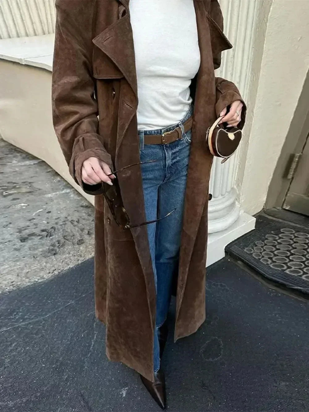 Womens Brown Imitation Deer Fur Coat Chic Lapel Double Breasted Long Sleeve Windbreaker High Street 4