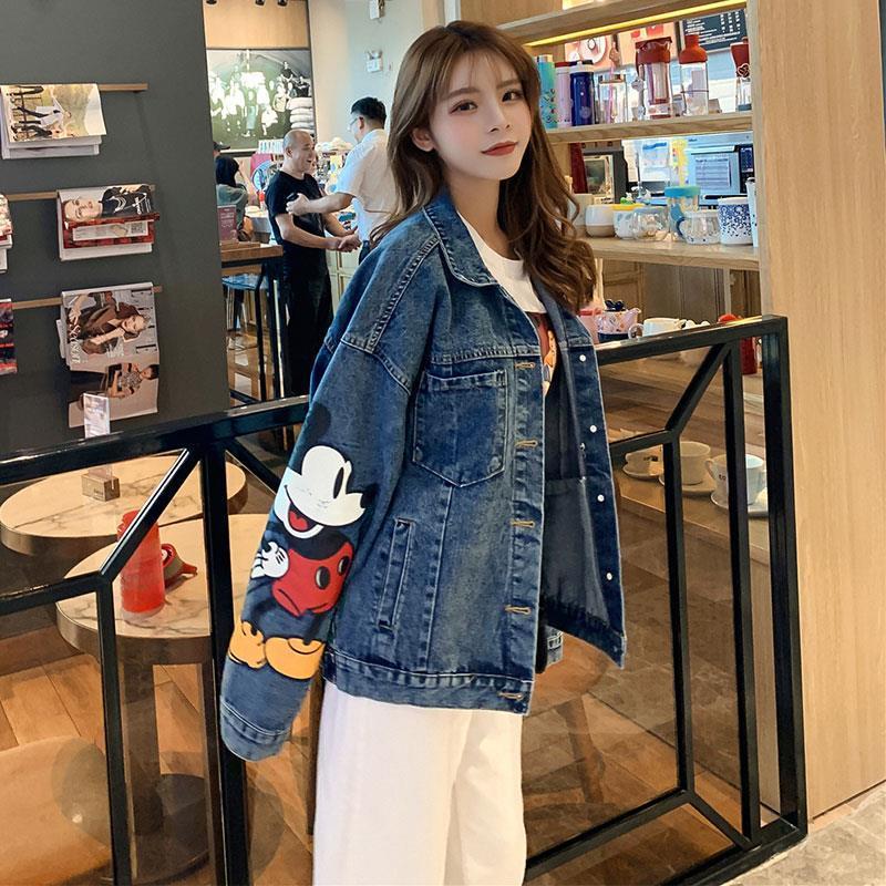 Womens Disney Denim Jacket, Loose Korean Style, Mickey Mouse Print, Large Size Fashion for Spring and Autumn
