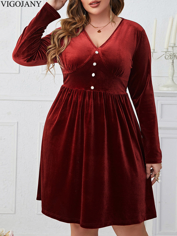 Elegant Red Velvet Dress, Plus Size, V Neck Long Sleeve, Curvy Dresses for Women, Autumn and Spring