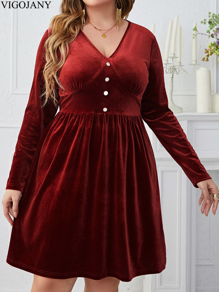 Elegant Red Velvet Dress, Plus Size, V Neck Long Sleeve, Curvy Dresses for Women, Autumn and Spring