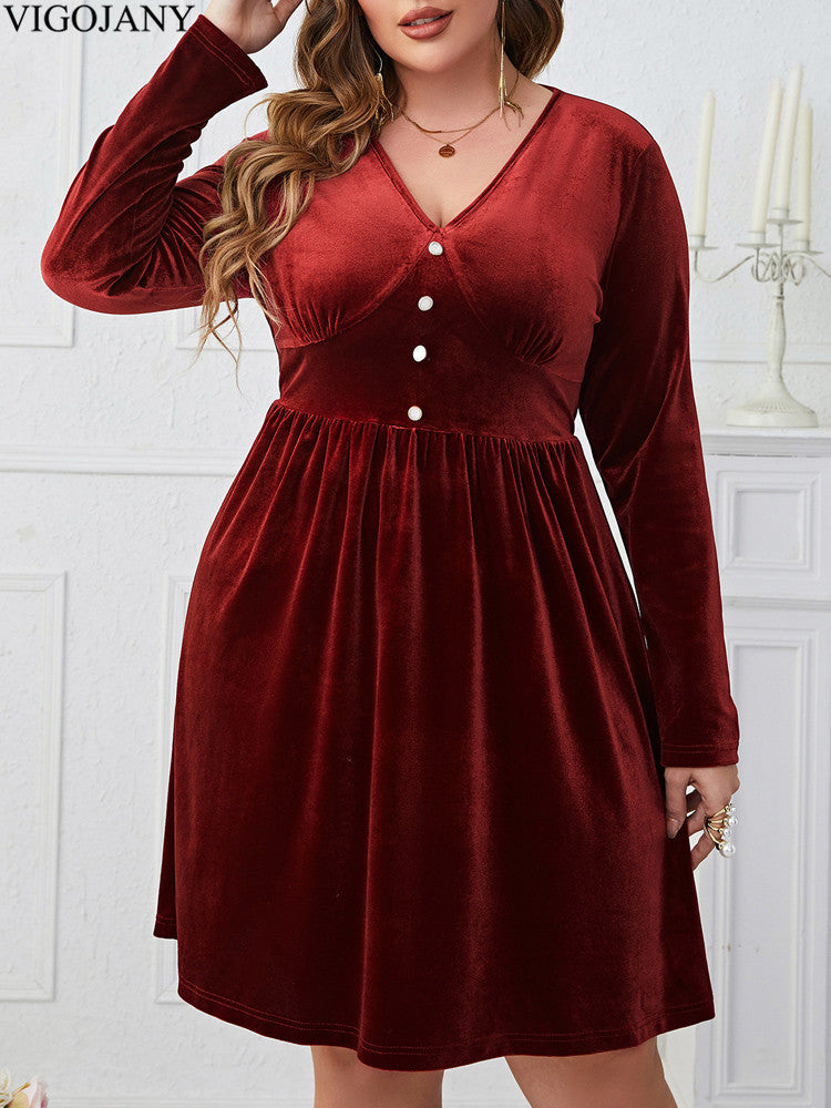 Elegant Red Velvet Dress, Plus Size, V Neck Long Sleeve, Curvy Dresses for Women, Autumn and Spring