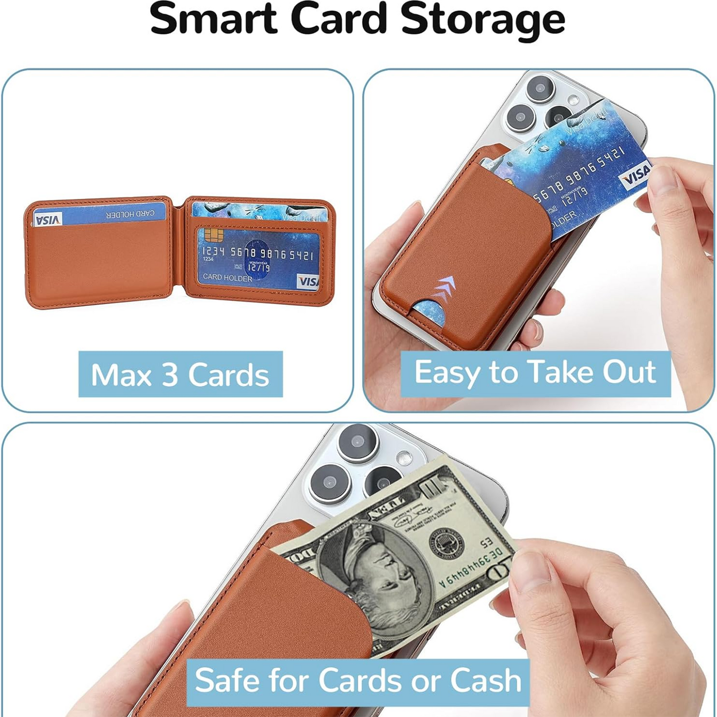 Leather Magnetic Card Holder Wallet for iPhone, 2 in 1 Magnetic MagSafe Wallet Stand with Adjustable Holder