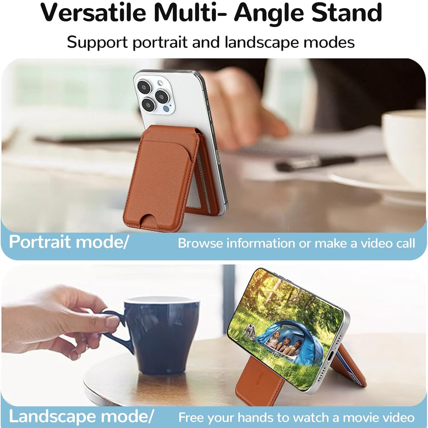 Leather Magnetic Card Holder Wallet for iPhone, 2 in 1 Magnetic MagSafe Wallet Stand with Adjustable Holder