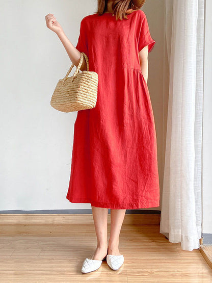 Summer Linen Midi Dress, Loose Fit, High Waist, A-Line, Short Sleeve