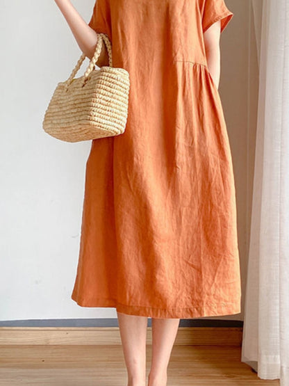 Summer Linen Midi Dress, Loose Fit, High Waist, A-Line, Short Sleeve
