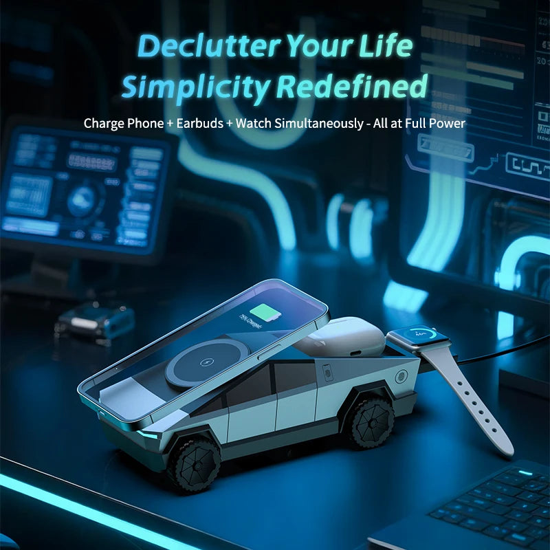 Multifunctional 3-in-1 Wireless Charger, Cybertruck Desktop Qi2 Charger, iPhone, iWatch, AirPods Charging