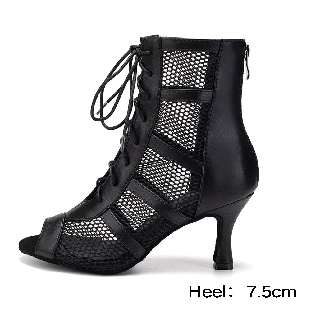 Sexy Latin Dance Shoes for Women, Leather Black Dancing Boots, Ladies Mesh High Heels, Girls Ballroom Shoes Party Dance