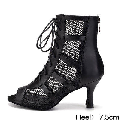 Sexy Latin Dance Shoes for Women, Leather Black Dancing Boots, Ladies Mesh High Heels, Girls Ballroom Shoes Party Dance