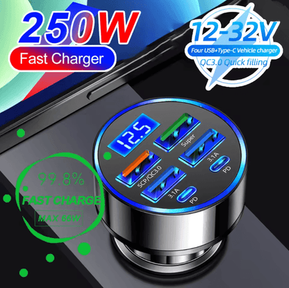 250W PD Fast Car Charger with 6 in 1 Ports and Digital Display