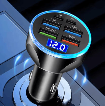 250W PD Fast Car Charger With 6 In 1 Ports And Digital Display 1