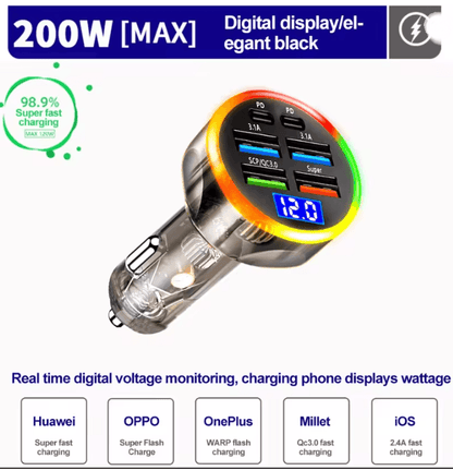 250W PD Fast Car Charger With 6 In 1 Ports And Digital Display 8