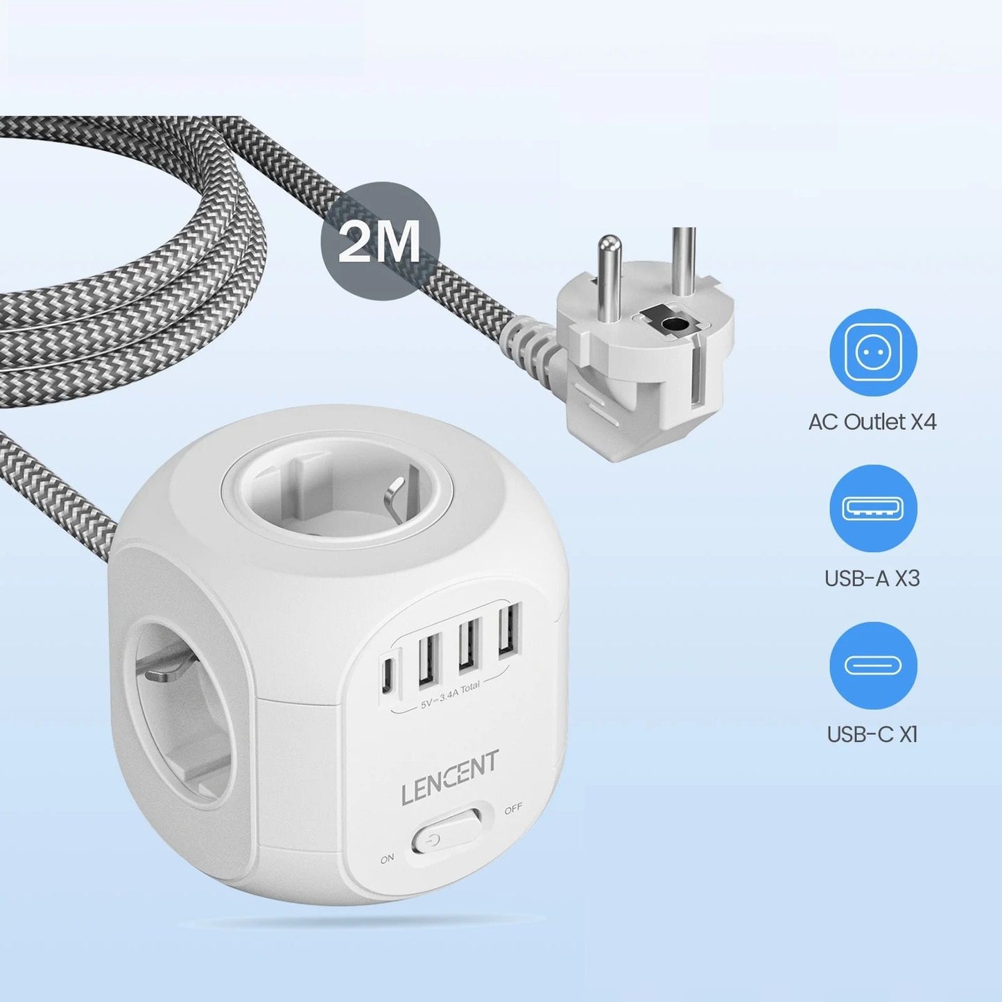 EU Power Strip with 4 Outlets USB and Type C Ports