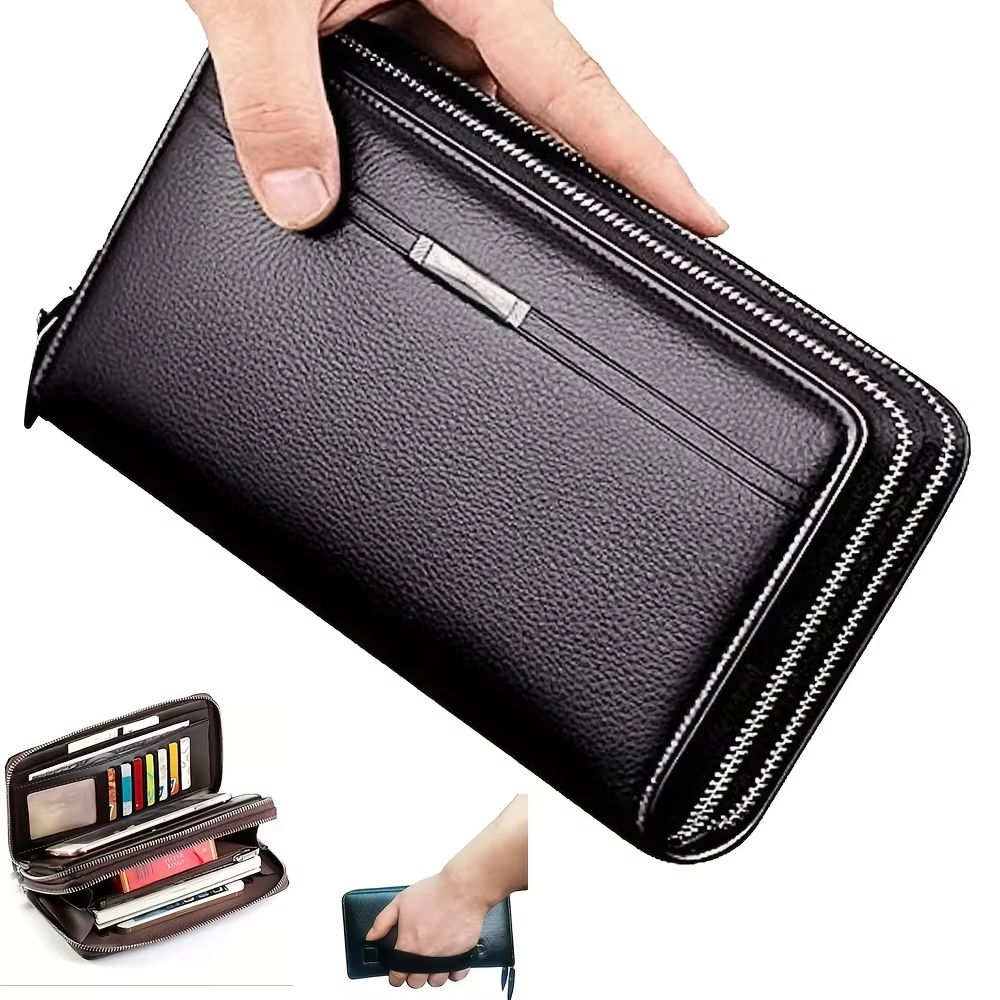 Men's Leather Long Wallet – Business Clutch Purse with Phone & Card Holder