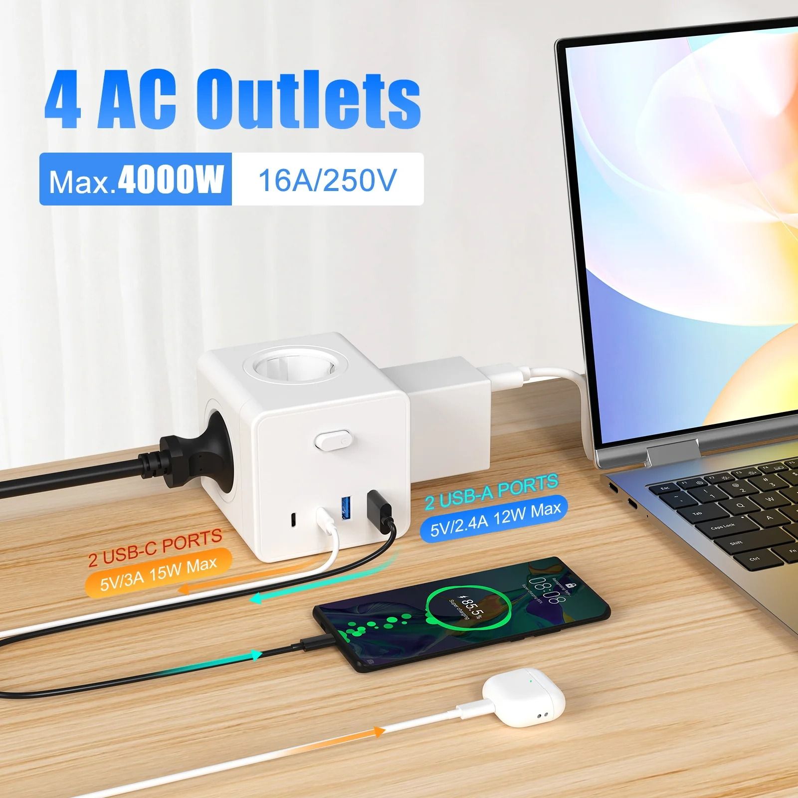 4000 W EU Power Strip With USB And Type C Ports 3