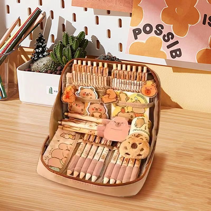 CapyCharm Capybara Stationery Set  Cute Pencil Case With Pens Rulers Sticky Notes  Accessories For  1