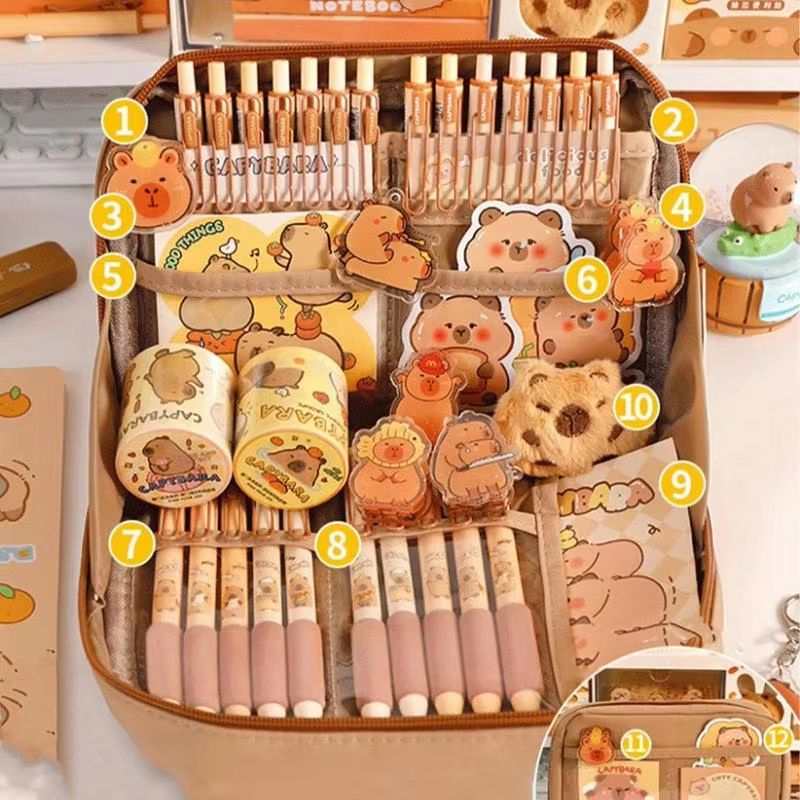CapyCharm Capybara Stationery Set  Cute Pencil Case With Pens Rulers Sticky Notes  Accessories For  2