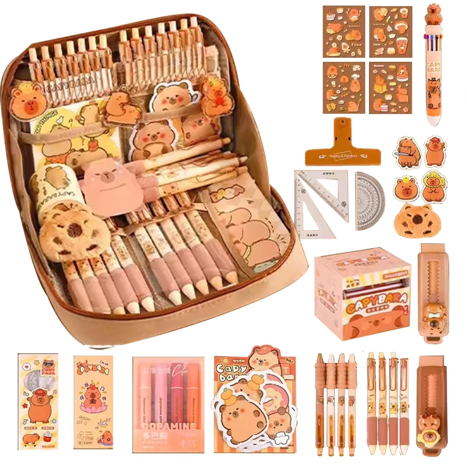 CapyCharm Capybara Stationery Set  Cute Pencil Case With Pens Rulers Sticky Notes  Accessories For  6