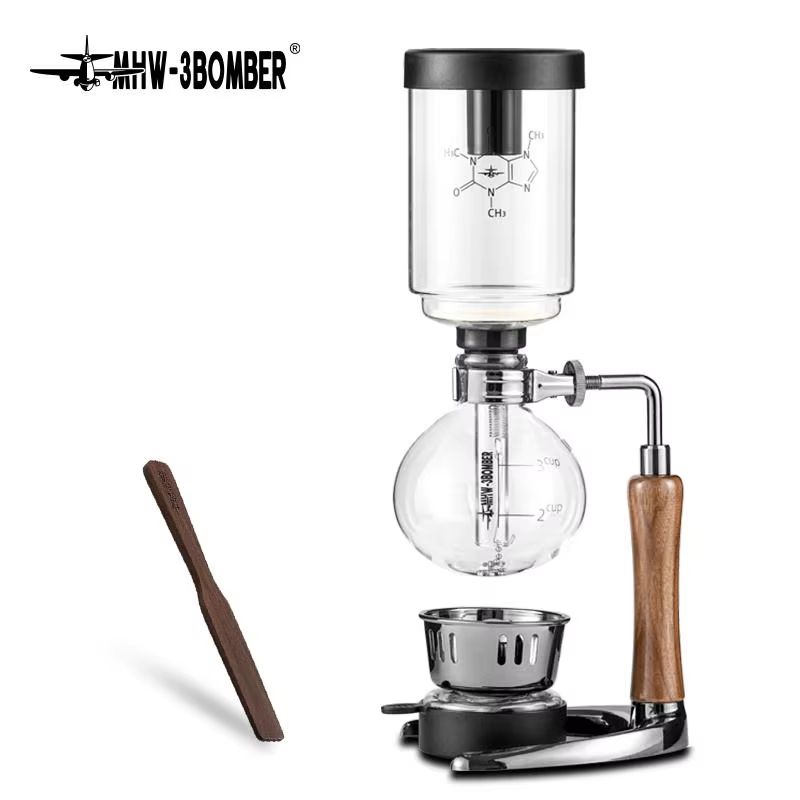MHW-3BOMBER Japanese Siphon Coffee Maker – Premium Vacuum Brewer with Wooden Handle, 1–3 Cup Glass Drip System