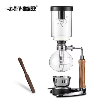MHW-3BOMBER Japanese Siphon Coffee Maker – Premium Vacuum Brewer with Wooden Handle, 1–3 Cup Glass Drip System