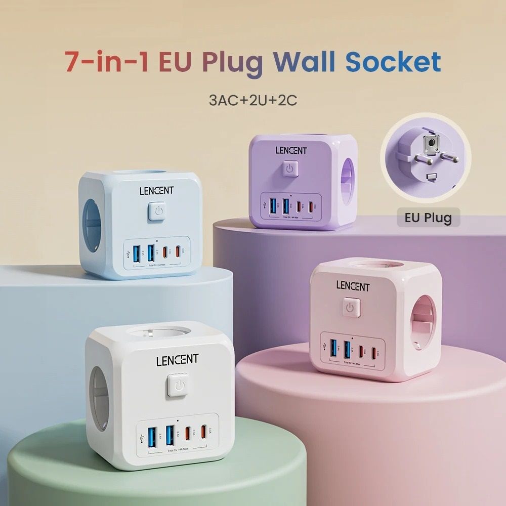 7 in 1 EU Plug Wall Socket Extender with USB A and USB C Ports