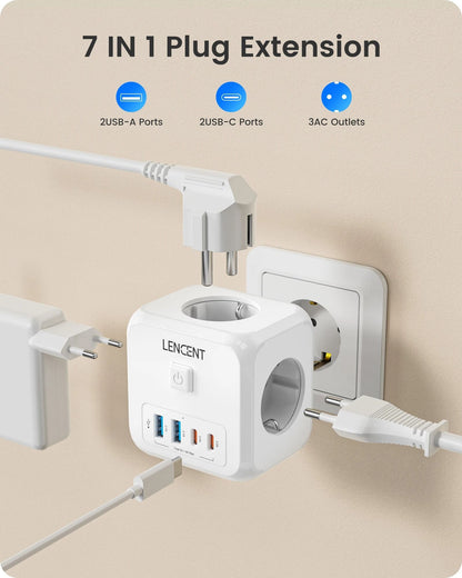 7 In 1 EU Plug Wall Socket Extender With USB A And USB C Ports 1