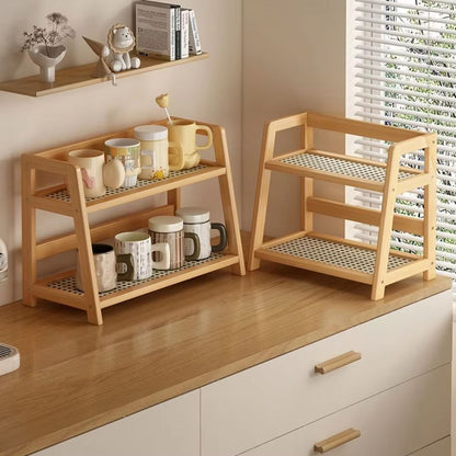 NaturalWood Rattan Desktop Organizer  Wooden Storage Shelf  Countertop Spice Rack 2