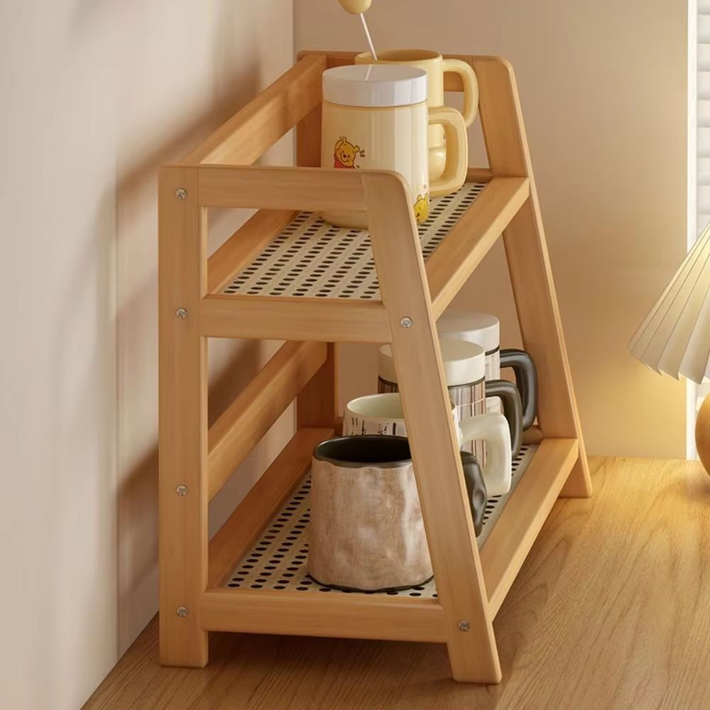 NaturalWood Rattan Desktop Organizer  Wooden Storage Shelf  Countertop Spice Rack 4