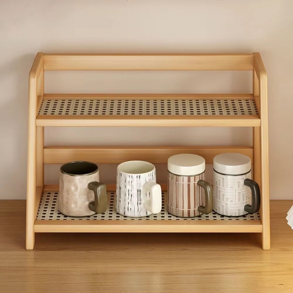 NaturalWood Rattan Desktop Organizer  Wooden Storage Shelf  Countertop Spice Rack 5