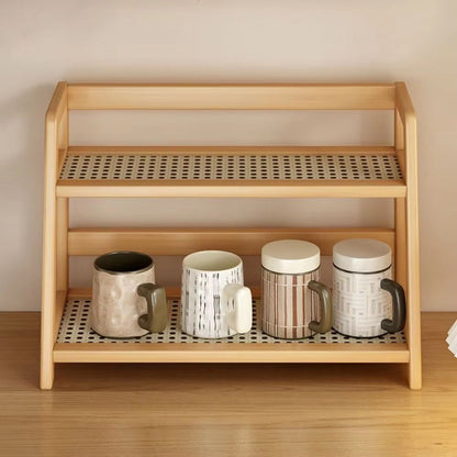 NaturalWood Rattan Desktop Organizer  Wooden Storage Shelf  Countertop Spice Rack 5
