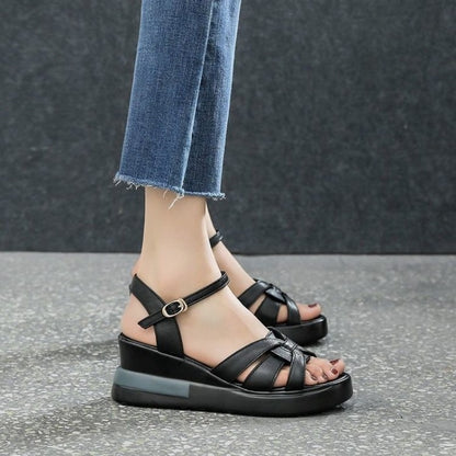Fashion Comfortable Slope Heel Sandal Summer New Womens Casual Retro Hollow Button OpenToe Sandals  1
