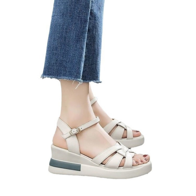 Fashion Comfortable Slope Heel Sandal Summer New Womens Casual Retro Hollow Button OpenToe Sandals  6