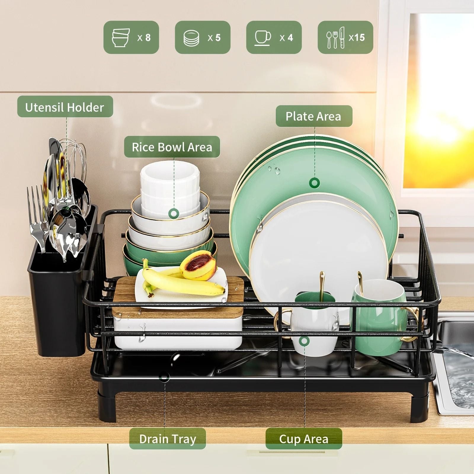 Dish Draining Rack Countertop Storage Rack With Cutlery And Cup Holder 3