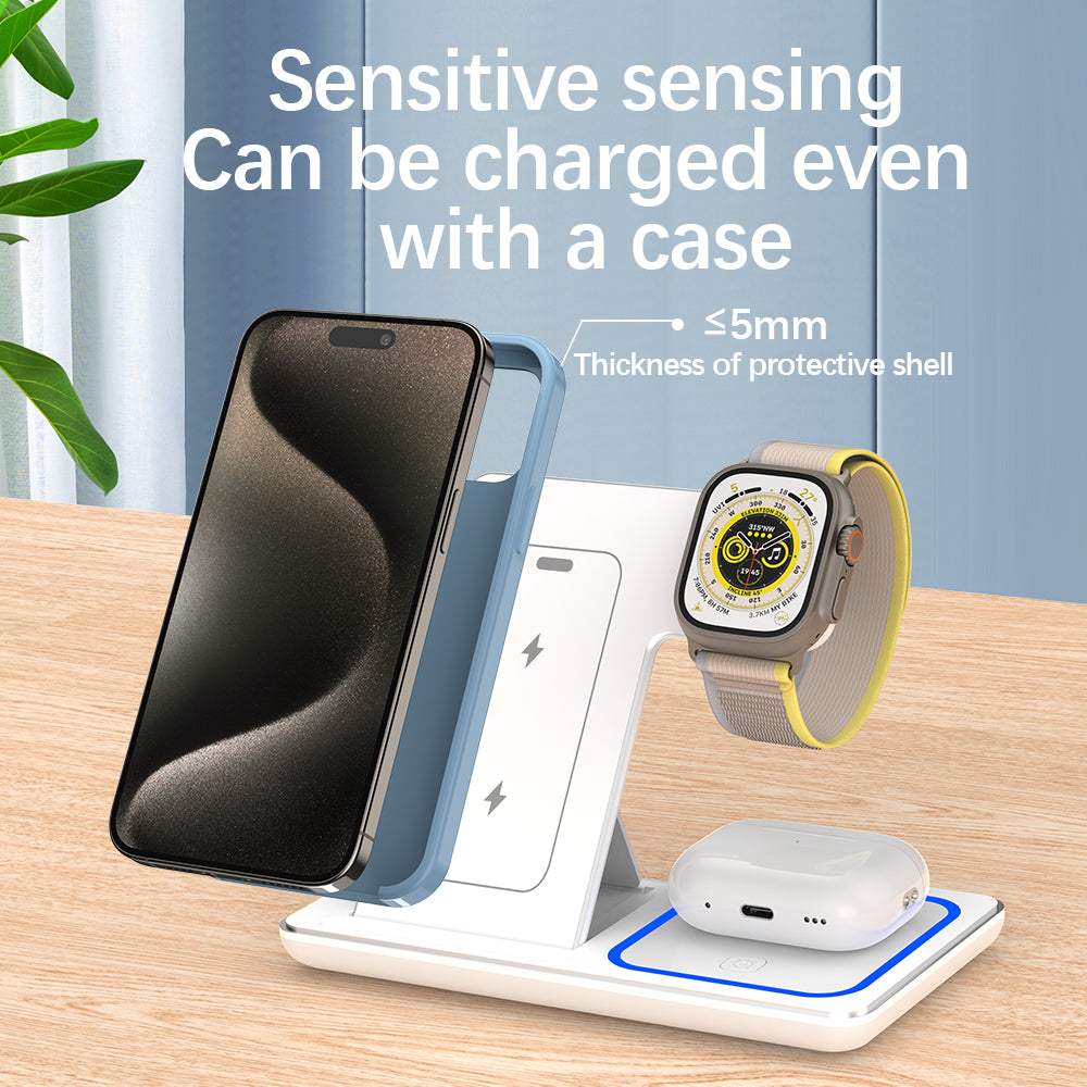 3 in 1 Foldable Charging Station, 30W LED Fast Wireless Charger Stand for iPhone Apple Watch 9 8 7 6 5 AirPods Pro