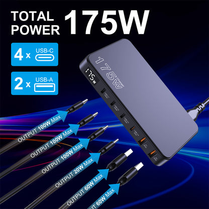 175W GaN USB-C Charger, 6-Port Desktop PD Fast Charger, LED Display