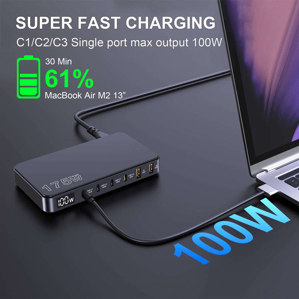 175W GaN USBC Charger 6Port Desktop PD Fast Charger LED Display 2