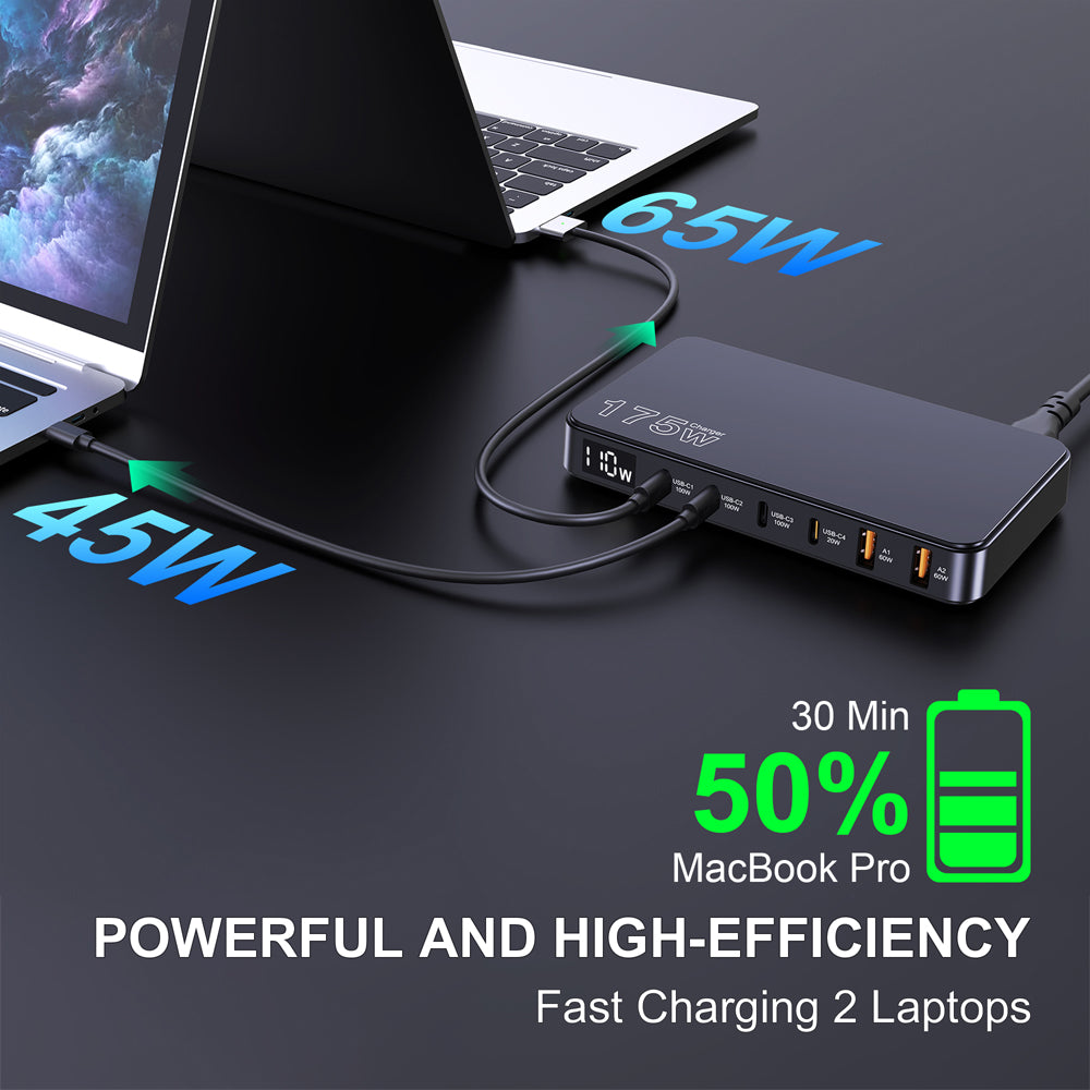 175W GaN USBC Charger 6Port Desktop PD Fast Charger LED Display 3