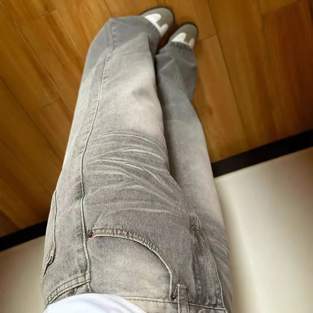 Vintage Wide Leg Jeans for Women, Grey American Style, Loose Fit Straight Leg Casual Pants, Draped