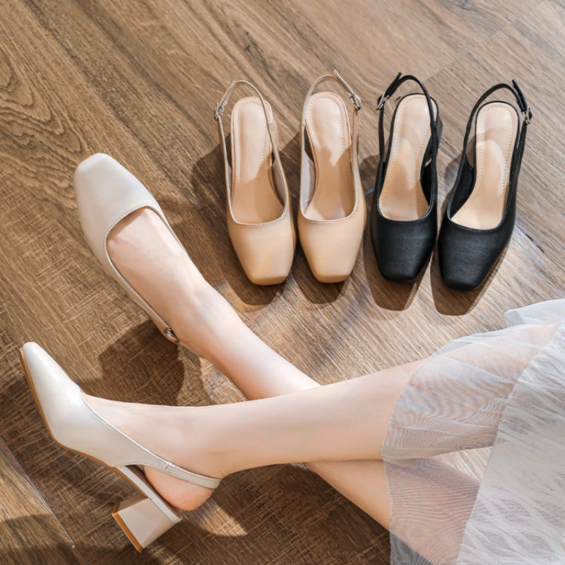 Elegant French Baotou Womens Summer Sandals, New Mid Thick Heel High Heels with Shallow Mouth & Coarse Heel Design