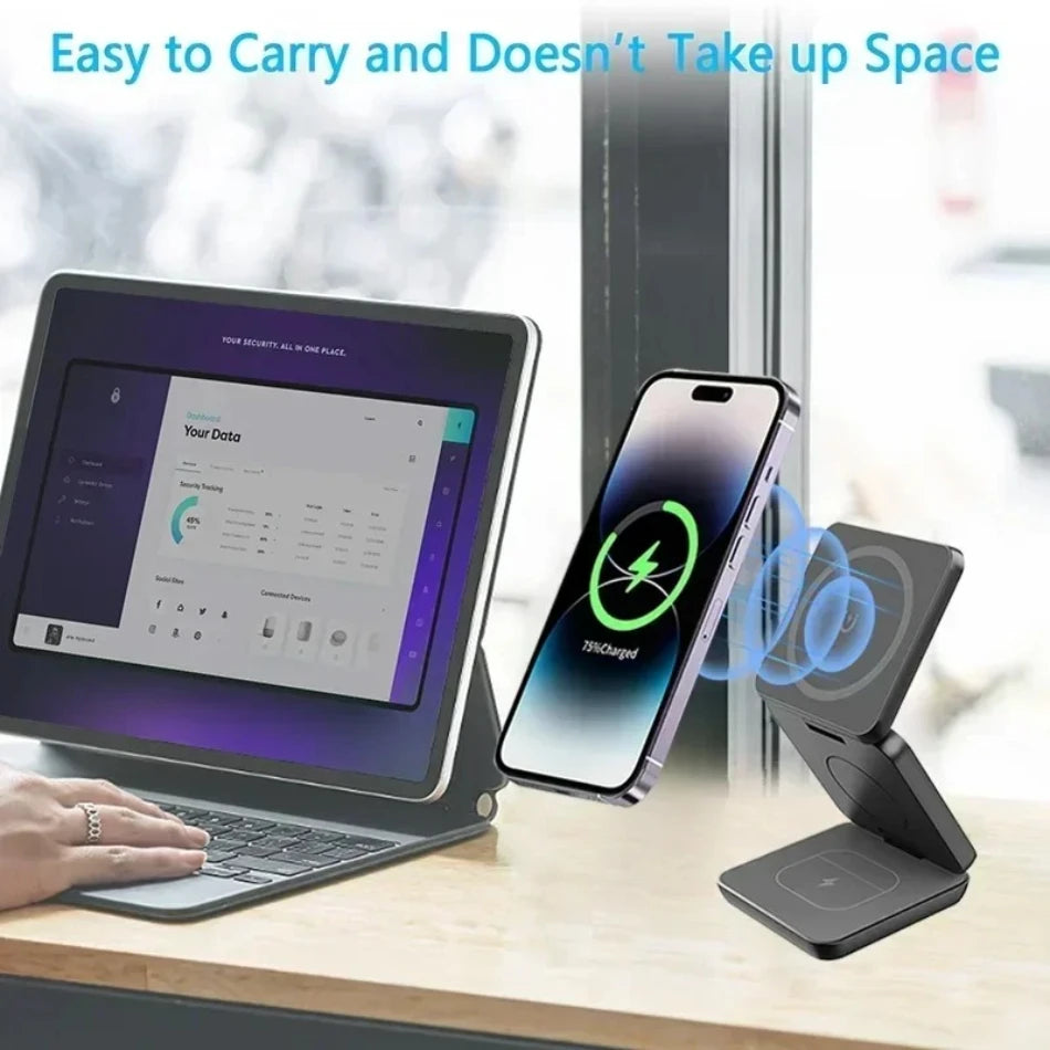 Fast Charging Station Holder, 3 In 1 Foldable Magnetic Wireless Charger Stand for iPhone, iWatch 10 9 AirPods