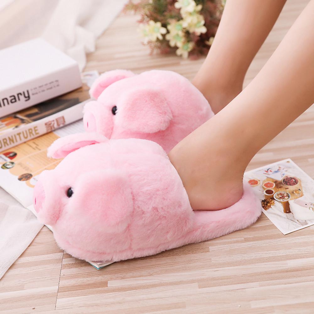 Cute Pink Pig Womens Warm Indoor Slippers, Furry Plush Home Floor Shoes for Ladies, Winter Soft Short Comfort Slipper