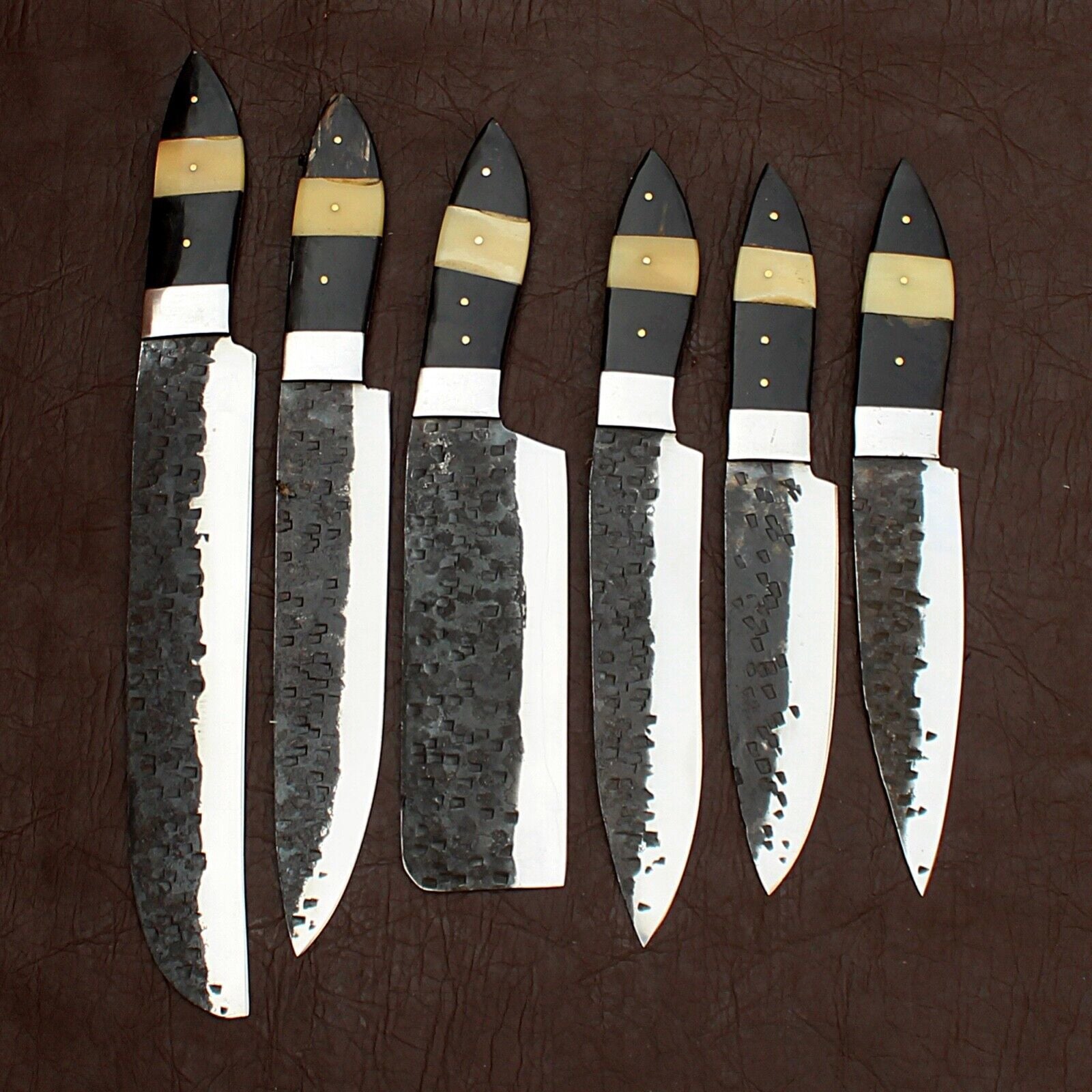 Custom Handmade 1095  D2 Steel Hunting And Kitchen Chef Knife Set With Leather Bag  Hand Forged Dam 1