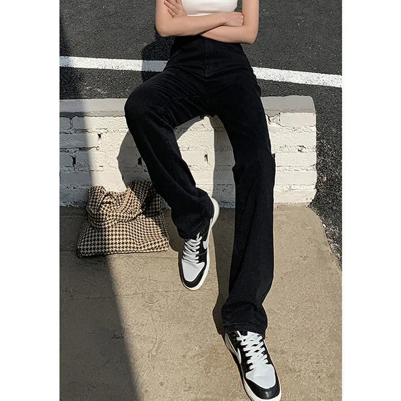 High Waist Jeans Women Black Baggy Trousers Y2K Streetwear Harajuku Fashion Straight Leg Denim Pant 3