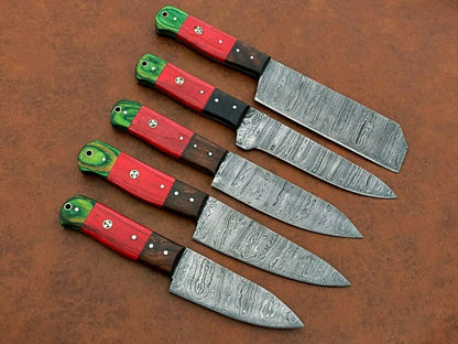 Handmade Damascus Steel Chef Knife Set of 5 | Custom Kitchen Knives with Wood Handle | Premium Gift for Her & Him