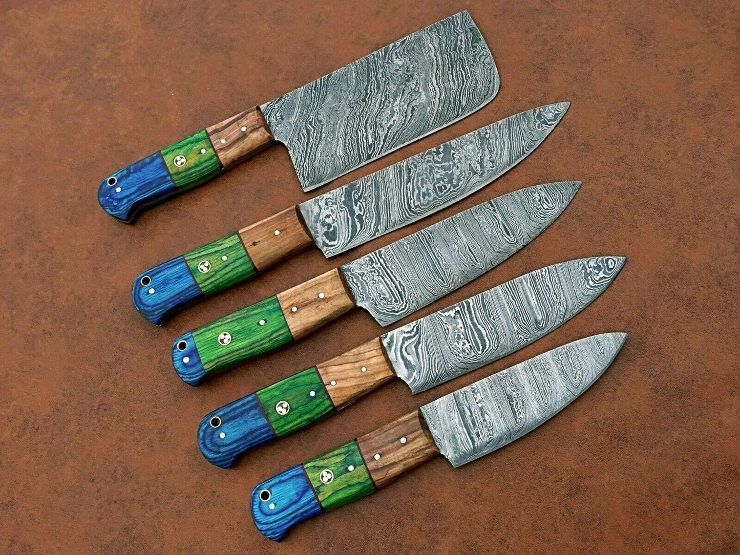 5 Pcs Forged Damascus Steel Kitchen Knife Set  Handmade Chef Knives With Wood Handles 0