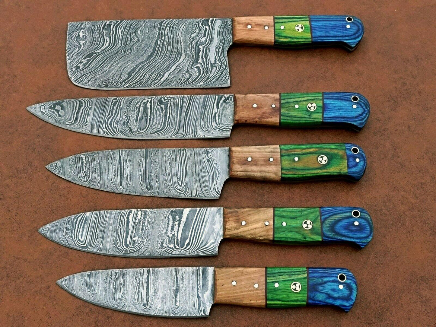 5 Pcs Forged Damascus Steel Kitchen Knife Set  Handmade Chef Knives With Wood Handles 1